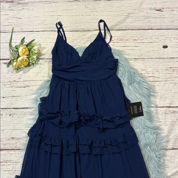 chinese dress ladies Navy Blue Tiered Ruffle Long Ball Gown with Straps – Ohmollydress main image 0